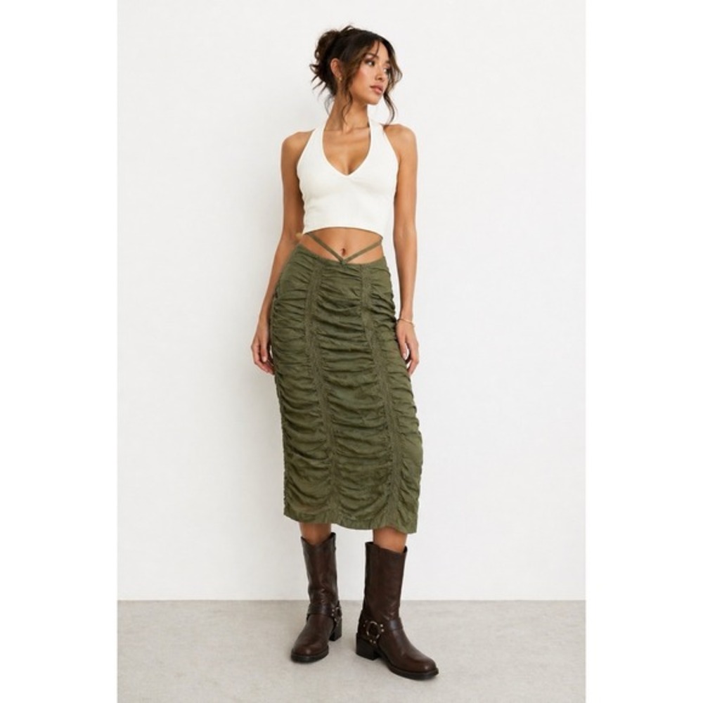 Ruched Lace Green Midi Skirt Tube Top S Renaissance Indi Sleeze Boho Y2K Grunge